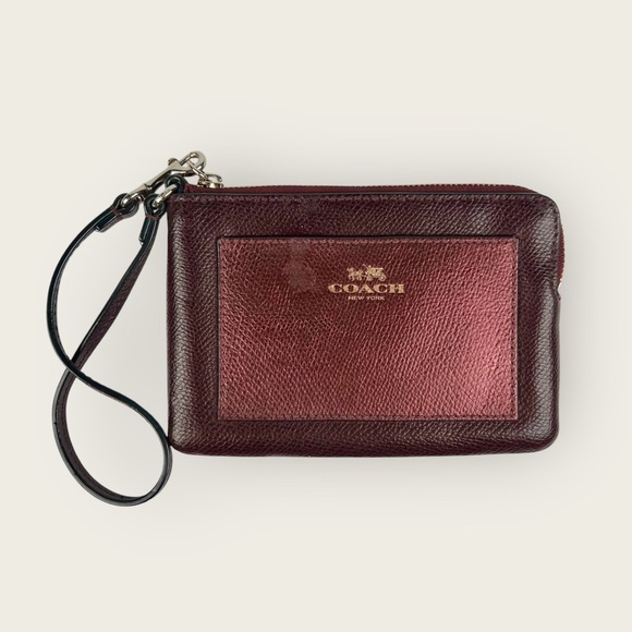 Coach Burgundy Metallic Leather Crossgrain 2 Tone Wristlet - Picture 3 of 12